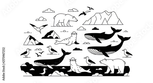 Fotografie Arctic animals and landscape illustration.