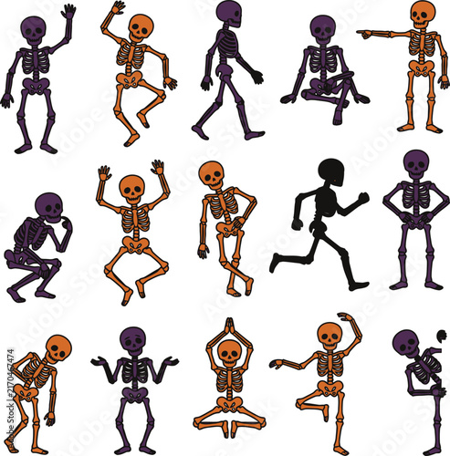 Human skeleton collection in various playful poses with orange and purple hues on white background