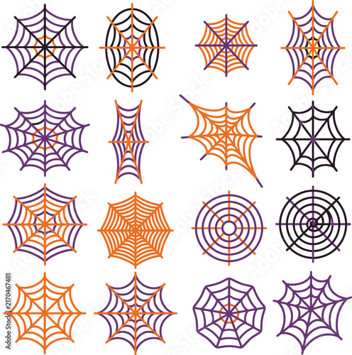 Multiple Halloween spiderwebs in orange and purple against a white background with copy space