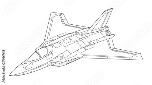 Detailed black and white outline drawing of a futuristic military fighter jet aircraft for coloring book