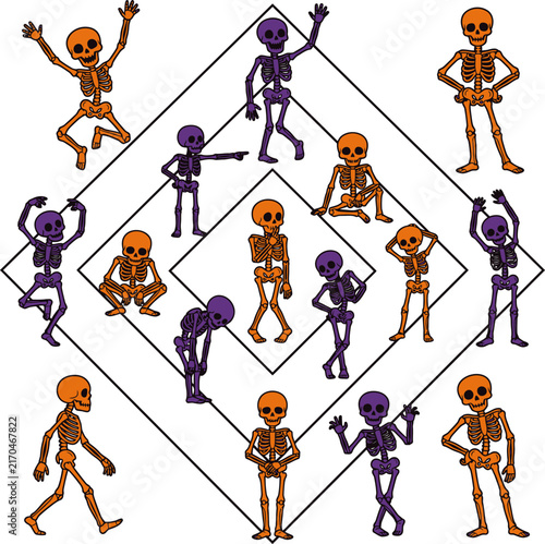 Orange and purple skeletons arranged in concentric diamond shapes during Halloween night