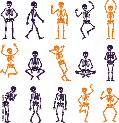 Orange and purple skeletons arranged in various playful poses on a white background for Halloween
