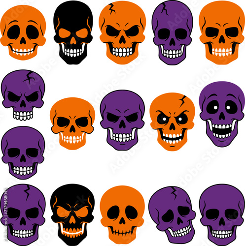 Orange purple black skulls pattern on white background seamless repeat decorative motif for Halloween