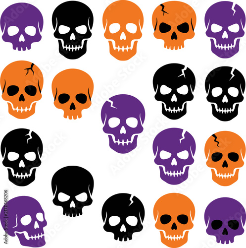 Pattern of purple black and orange skulls on a white background for Halloween celebration concepts