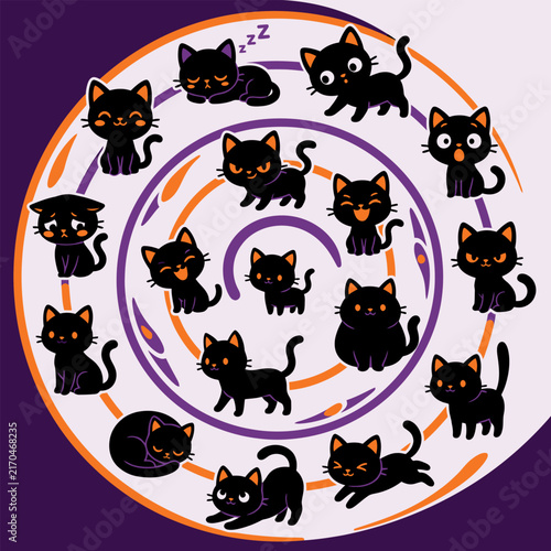 Playful black cats in various cute poses arranged in a circular spiral pattern with warm orange and purple accents