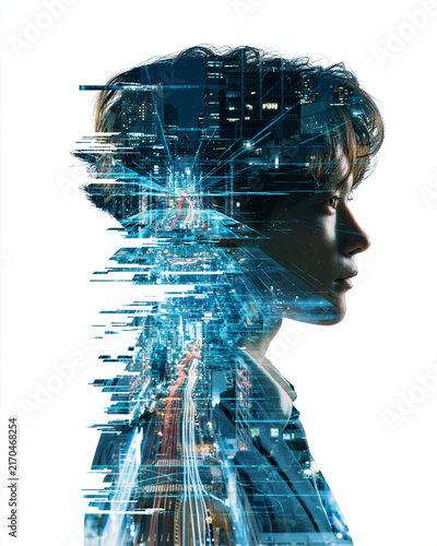 double exposure portrait silhouette of a business professional blended with futuristic city architecture and flowing data streams, leadership innovation and digital transformation concept, cinematic