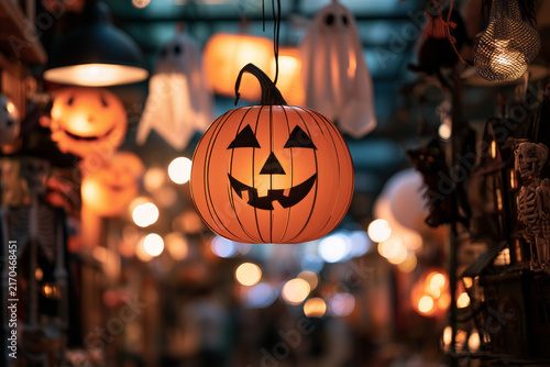 A pumpkin lantern is hanging on a background of bright lights