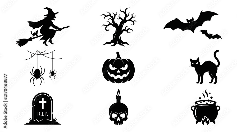 Fototapeta premium Halloween icon set with witch, pumpkin, skull and spooky elements