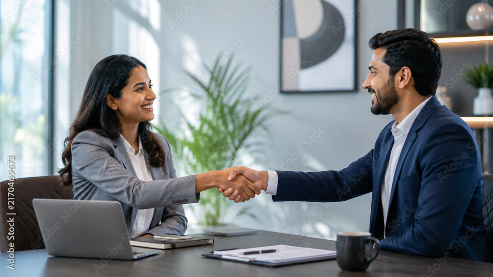 Fototapeta premium Businesswoman and businessman shaking hands across table in modern office.