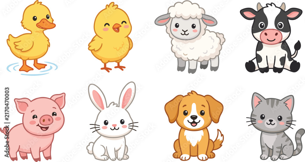 Obraz premium Cute Farm Animal Character Collection with Duckling Sheep Cow Pig Rabbit Puppy and Kitten Illustrations