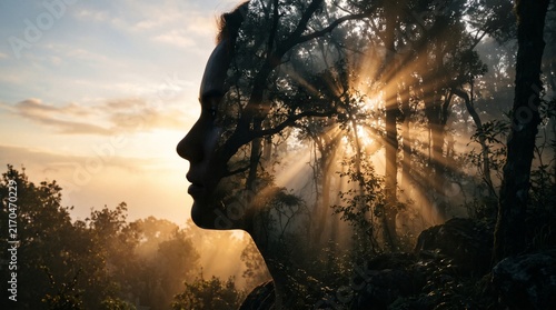 Mental Health Double Exposure Silhouette in Misty Forest