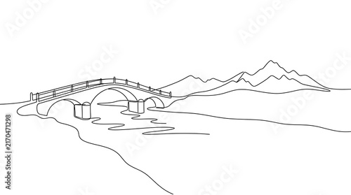 Minimalist single continuous line drawing of a traditional arch bridge over a river with mountain scenery, perfect for art prints.