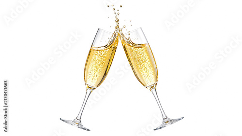 Two champagne glasses clinking with splashes on white background