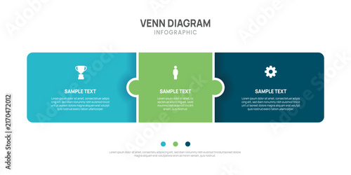 Venn diagram infographic chart template for business 3 options presentation with icon elements, 3 jigsaw puzzle steps business success.