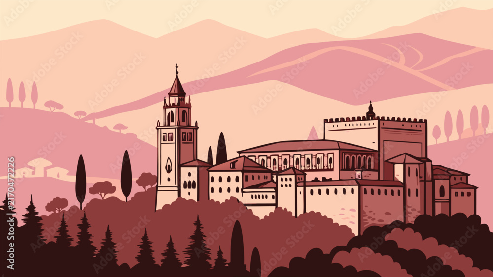 Naklejka premium Granada silhouette vector cityscape illustration with Alhambra palace landmarks