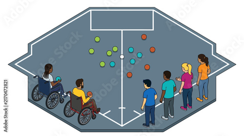 Isometric bocce players in wheelchairs competing on an indoor court