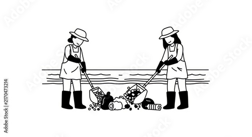 Two women fishing on the beach.
