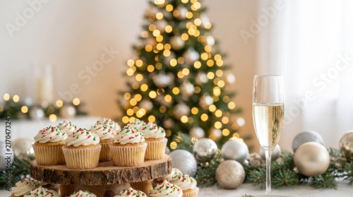 Christmas Cupcakes and Champagne With Soft Tree Lights for New Year Party