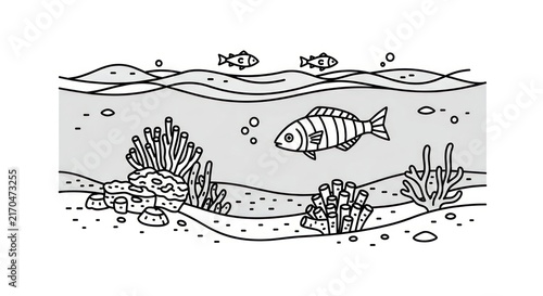 Underwater scene with fish and plants.