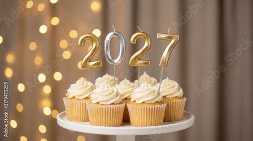 Festive 2027 Cupcakes With Golden New Year Numbers and Bokeh Lights