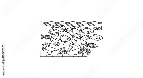Underwater scene with fish and seaweed.