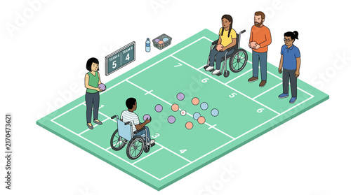 Isometric Vector Illustration of Diverse People Playing Boccia Game