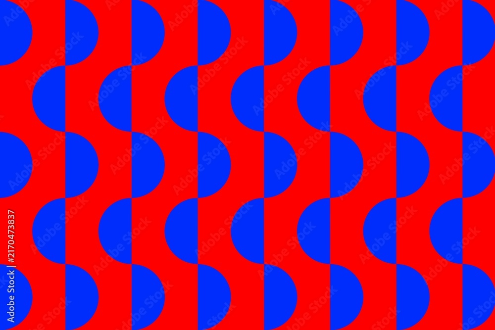 Retro 70s Geometric Seamless Pattern with Blue Semicircles on Red Background, Vibrant pop art. Psychedelic Abstract Wave Pattern Red and Blue Geometric Background for modern textile design, wrapping 