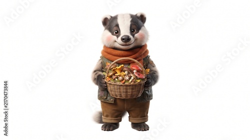 Cartoon Badger Character Holding Basket of Autumn Mushrooms