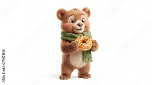 Cute Cartoon Bear Holding Glazed Donut with Green Scarf