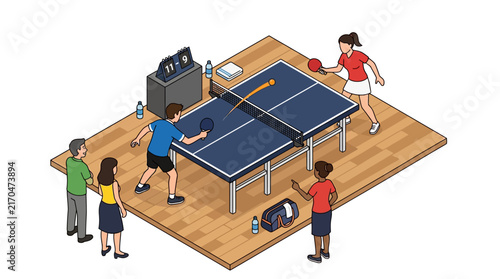 Isometric vector illustration of people playing and watching table tennis match