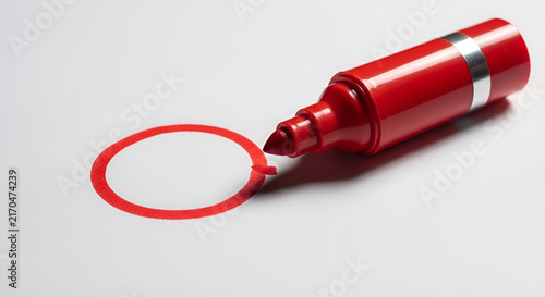 Red marker drawing a perfect circle on a white surface, symbol of correction, highlight, or selection