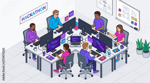 Software developers collaborating at computers during a coding event in an office