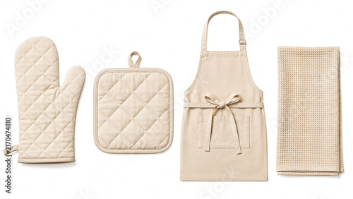 Beige kitchen textile set with oven mitt pot holder apron and towel.