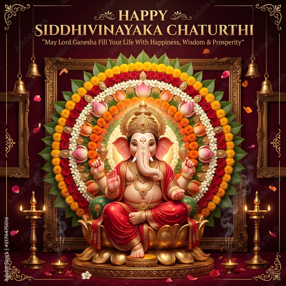 Fototapeta premium Happy siddhivinayaka chaturthi greeting card with lord ganesha with traditional oil lamps