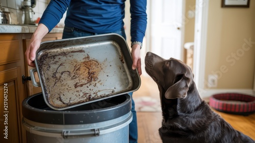 Thanksgiving Person holding dirty roasting pan over kitchen trash can while curious chocolate labrador dog watches closely for food scraps USA