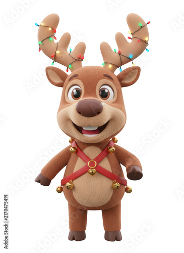 Cute happy reindeer character standing with colorful christmas lights on antlers and gold bells on red harness