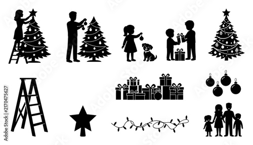 Christmas Tree Decorating Icons Set with Family, Gifts, and Ornaments