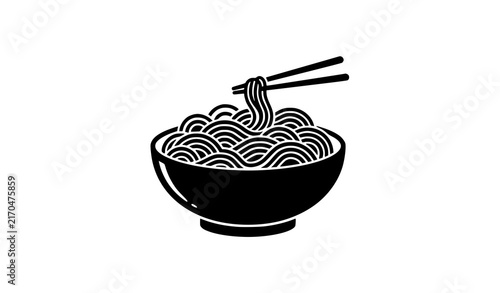 American Asian Noodle Bowl with Chopsticks Black Vector Icon
