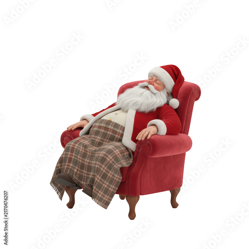 Tired santa claus sleeping in a cozy red armchair covered with a warm plaid blanket during the holiday season