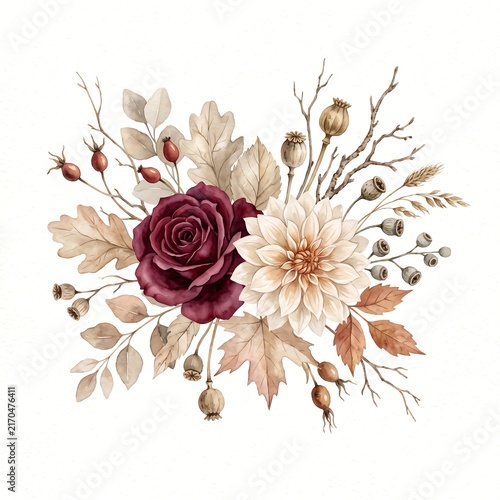 Autumn floral arrangement featuring dark burgundy rose and cream dahlia with dried foliage.