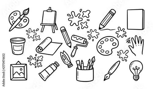 Bild auf Leinwand Creative art supplies and craft tools doodle set hand drawn line art vector illu