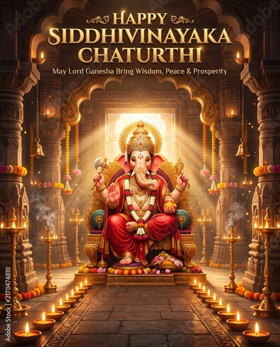 Lord ganesha seated in a decorated temple for siddhivinayaka chaturthi celebration