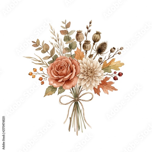 Autumn floral bouquet featuring muted roses, dahlias, dry seed pods, and eucalyptus tied with twine.