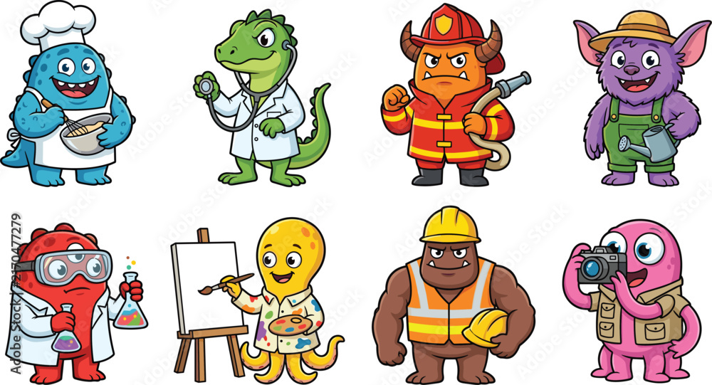 Obraz premium Cute cartoon monster characters representing different professions and hobbies