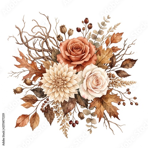 Autumn floral bouquet with watercolor roses, dahlia, dried twigs, and fall leaves isolated on a white background.