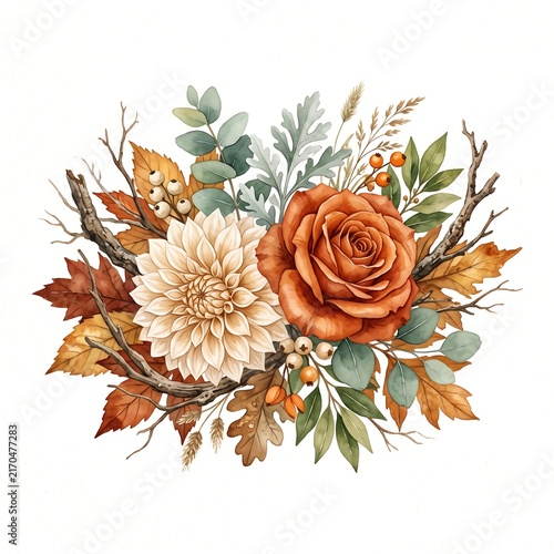 Floral arrangement featuring a watercolor orange rose, cream dahlia, green eucalyptus, and dried autumn branches.
