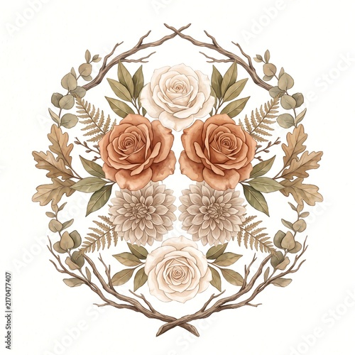 Floral arch composed of terracotta roses, dahlias, and brown branches arranged symmetrically on a white background.