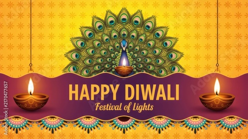 Happy Diwali Happy Diwali festival of lights greeting card design with colorful peacock feathers and traditional oil lamps on yellow background