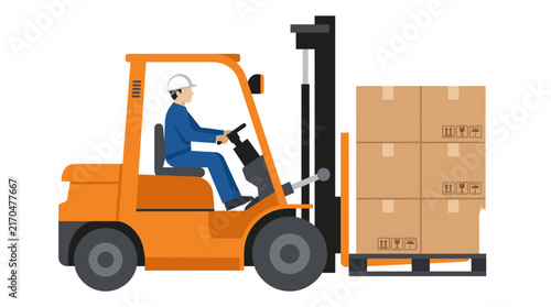 Forklift operator lifting boxes in warehouse.