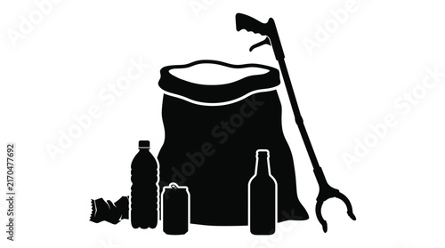 Full garbage bag with litter picker reacher tool.